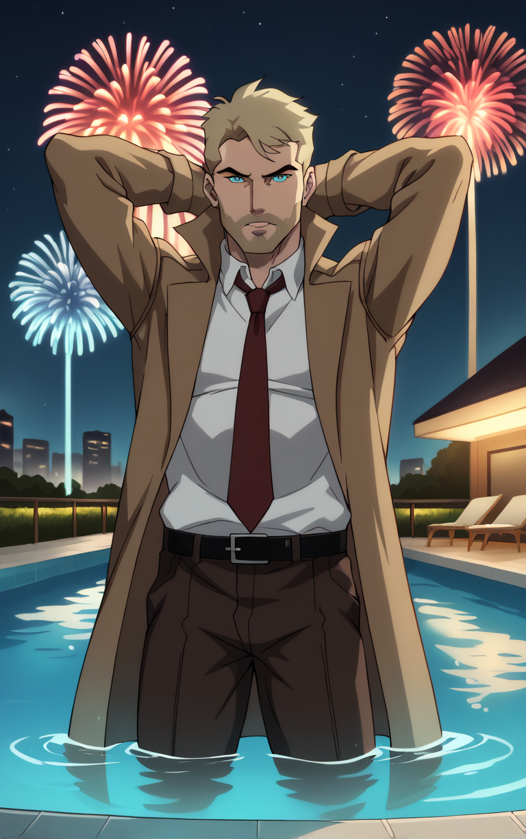 score_9, score_8_up, score_7_up, looking at viewer,  BREAK
DCAU_JL_JohnConstantine_ownwaifu, 
1boy, blonde hair, blue eyes, male focus, short hair, facial hair, mustache, 
red necktie, trench coat, white shirt, collared shirt, open coat, brown coat, belt, pants, coat, long sleeves, beard, brown jacket, formal, brown pants, popped collar, black belt, long coat
(contrapposto, arms behind head, aerial fireworks), wading, neon_lights, cityscape, night, pool, full moon, outdoors, <lora:PONYXL_DCAU_JL_JohnConstantine_ownwaifu:0.9> , depth of field, solo, Interesting Image, Captivating Image,