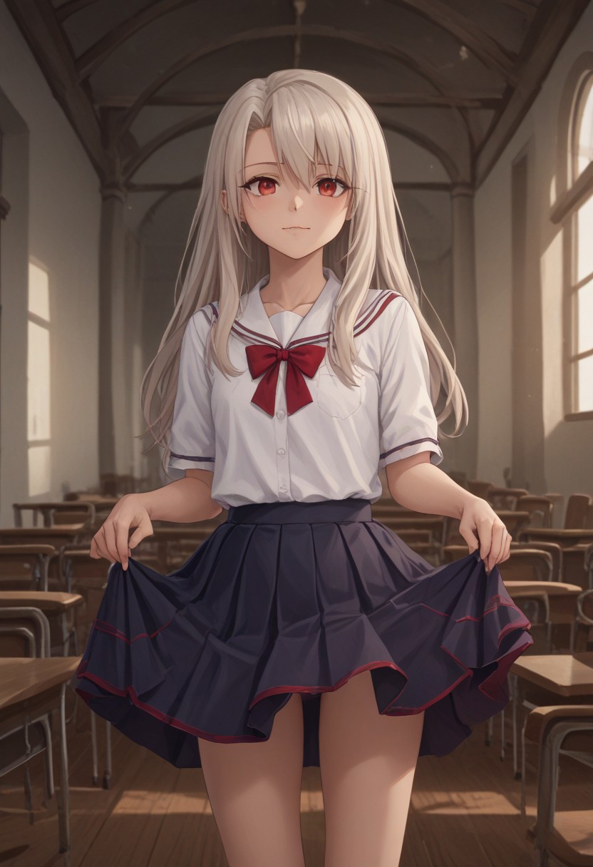 score_9, score_8_up, score_7_up, score_6_up, source anime, best quality, (masterpiece),  soft body, official art, [illustration], [screencap], realistic anime style, realistic, vibrant colors, saturation, detailed, Illyasviel Von Einzbern, white hair, red eyes, long hair, school uniform, skirt lift,