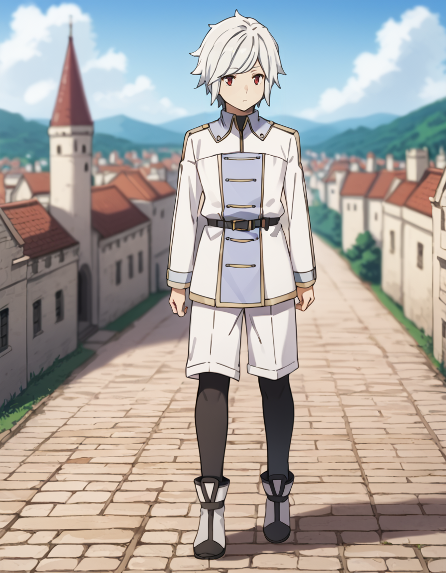 score_9, score_8_up, score_7_up, source_anime, BREAK
1boy, solo, blurry background, looking away, expressionless, blue sky, full body, castle, scenery,
bell cranel, short hair, white hair, spiky hair, red eyes,
freya uniform, white jacket, gold trim, long sleeves, belt, white shorts, black legwear, white boots,
<lora:bell_cranel_anime-soralz:0.9>
