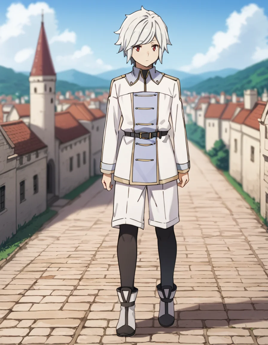 score_9, score_8_up, score_7_up, source_anime, BREAK
1boy, solo, blurry background, looking away, expressionless, blue sky, full body, castle, scenery,
bell cranel, short hair, white hair, spiky hair, red eyes,
freya uniform, white jacket, gold trim, long sleeves, belt, white shorts, black legwear, white boots,
<lora:bell_cranel_anime-soralz:0.9>