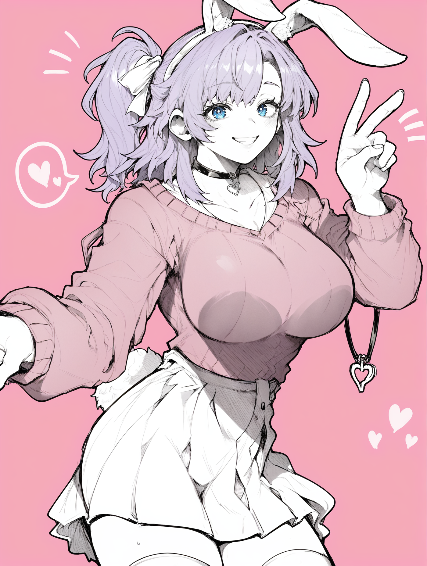 score_9, score_8_up, score_7_up, score_6_up, BREAK,<lora:YotsumiShiro_Style_Pony9:1>, 1girl, solo, large breasts, cowboy shot, monochrome, simple background, pink background, <lora:add-detail-xl:0.55>, rabbit ears, smiling, light purple hair, medium hair, one side up hair, blue eyes, pink sweater, white skirt, white thighhighs, large ribbon, pendant, choker