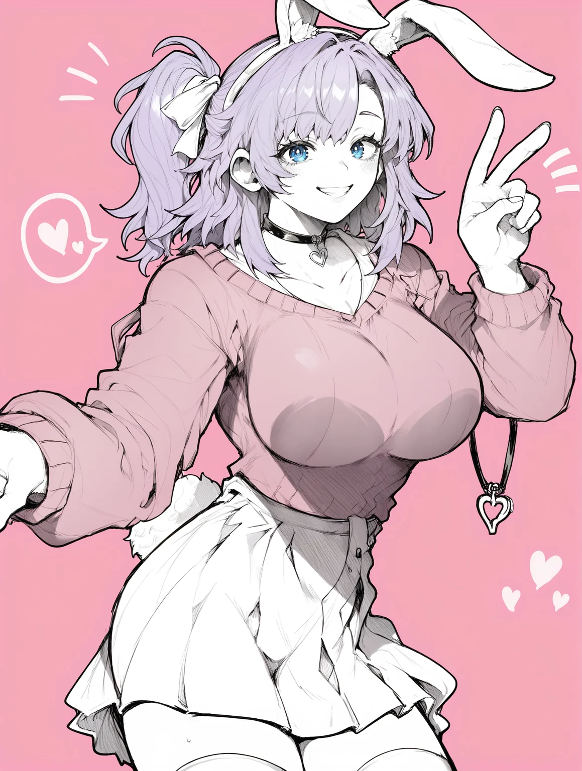 score_9, score_8_up, score_7_up, score_6_up, BREAK,<lora:YotsumiShiro_Style_Pony9:1>, 1girl, solo, large breasts, cowboy shot, monochrome, simple background, pink background, <lora:add-detail-xl:0.55>, rabbit ears, smiling, light purple hair, medium hair, one side up hair, blue eyes, pink sweater, white skirt, white thighhighs, large ribbon, pendant, choker