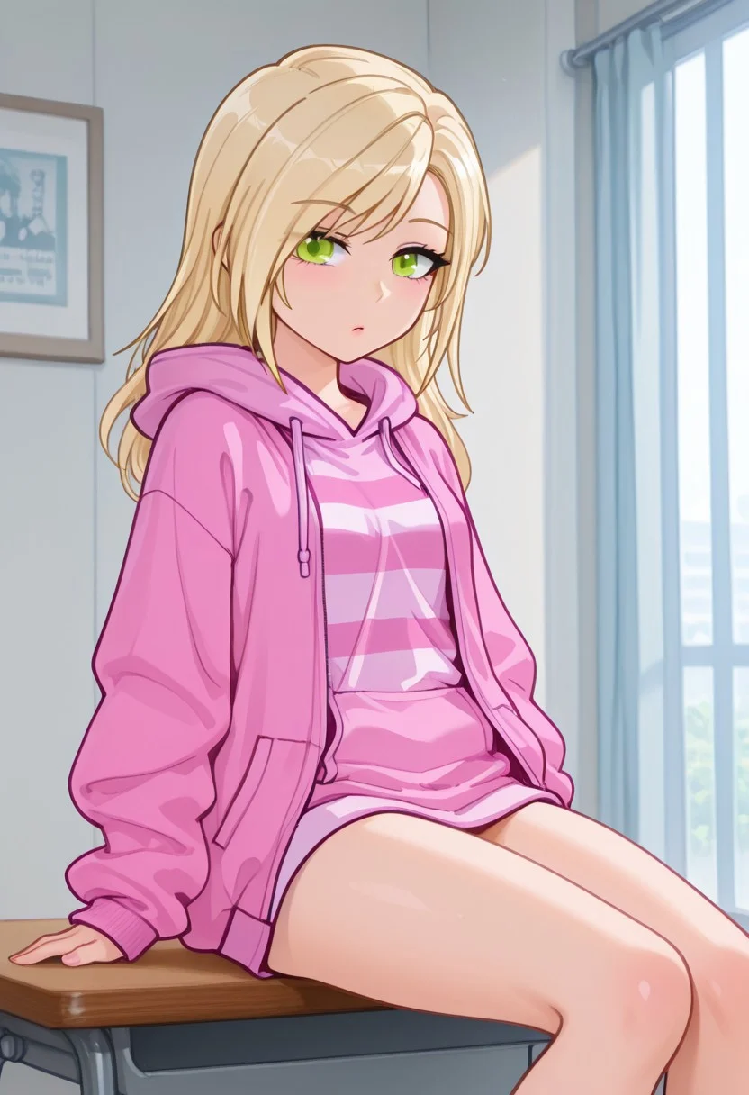 masterpiece,best quality,amazing quality, Aprilis55, Aprilis55Gacha, girl, green eyes, blonde hair, long hair, striped white pink shirt, pink jacket, pink hoodie, slender, long legs, open clothes,
