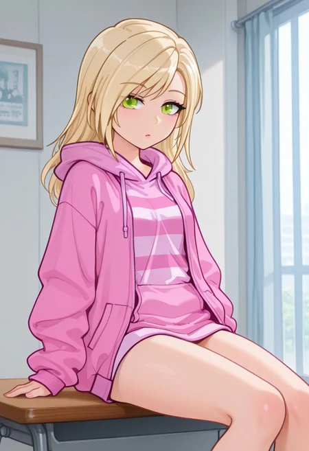 masterpiece,best quality,amazing quality, Aprilis55, Aprilis55Gacha, girl, green eyes, blonde hair, long hair, striped white pink shirt, pink jacket, pink hoodie, slender, long legs, open clothes,