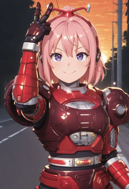 solo, 1girl, looking at viewer, medium breasts,(covered neck), BREAK, anime, anime coloring, anime style, (CivChan:1.2), pink hair, purple eyes, smile
R3ddle, robot, solo, armor, bodysuit, gloves, shoulder pad, helmet removed, close up, , V_sign hand, belt,
outdoors, road, sunset, dramatic lighting