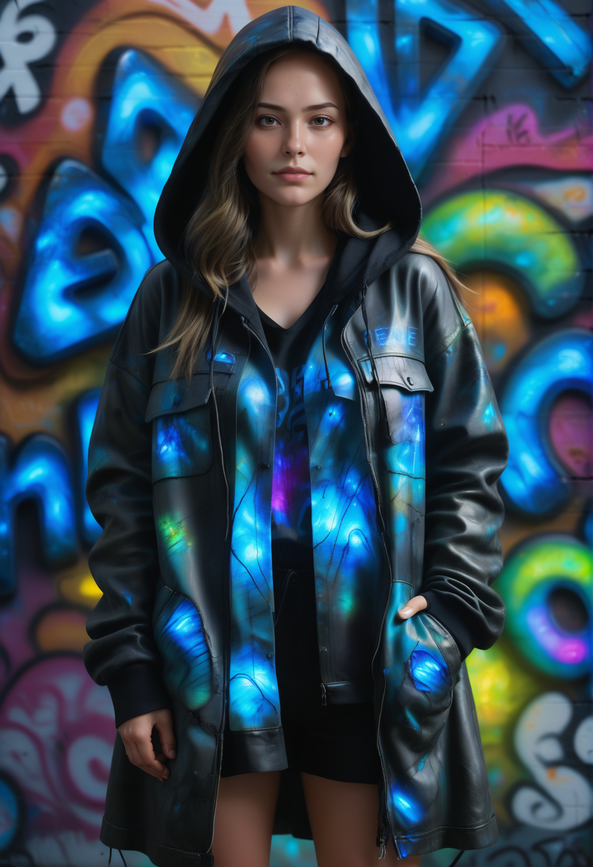 ((background and fashion made out of reij-lmlbrdrt, <lora:LumiLabradorit:1>)), oversizes shirt painted with graffiti street art fashion style, black long leather coat with hoodie, , , upper body,, posing cheekily, (((masterpiece))) , (((best quality))) , 2d, (adorable 1girl, solo:1.3), posing cheekily in front of a graffiti wall, 1woman, soft freckles, long hair, open hair