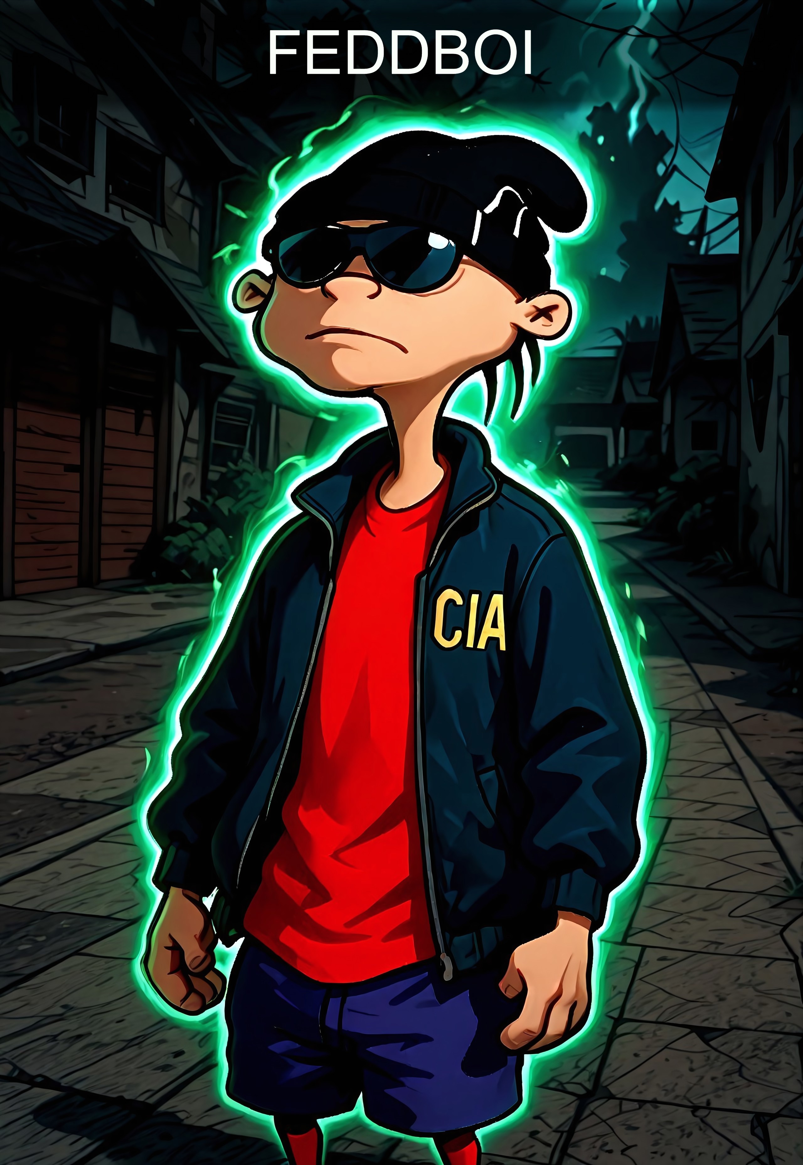 Masterpiece, absurdres, very aesthetic, best quality, highly detailed, newest, 8k, 1boy, solo, eddboi, sockhead, smooth black beanie, red shirt, blue shorts, sunglasses, cia jacket, green aura, glowing, houses in the background, detailed background,