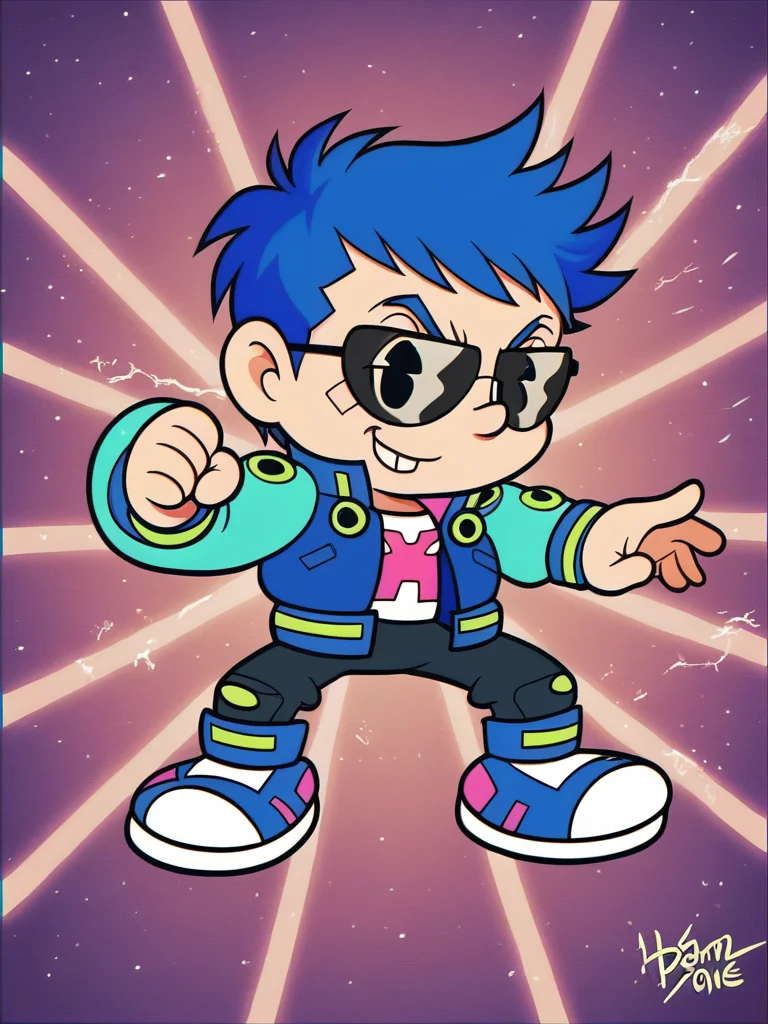 score_9,
1boy, multicolored clothes, jacket, sunglasses, blue hair, pants, short hair, cyberpunk,
front, looking at viewer, (dynamic pose:1.1), full body, colorful background,
, RetroXL, toon \(style\), semi chibi, flat color, black eyes, <lora:RetroToonXL_Style:1>