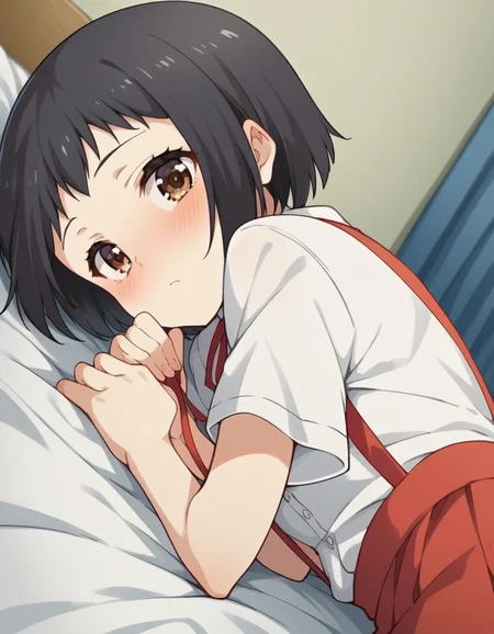 score_9, score_8_up, score_7_up, source_anime, <lora:hanako-hasegawa-ova-ponyxl-lora-nochekaiser:1>, hanako hasegawa, short hair, black hair, brown eyes,, skirt, shirt, ribbon, school uniform, white shirt, red ribbon, suspenders,, indoors, bed, bed room, on side, blush, drunk, looking at viewer, solo,, cowboy shot, dutch angle