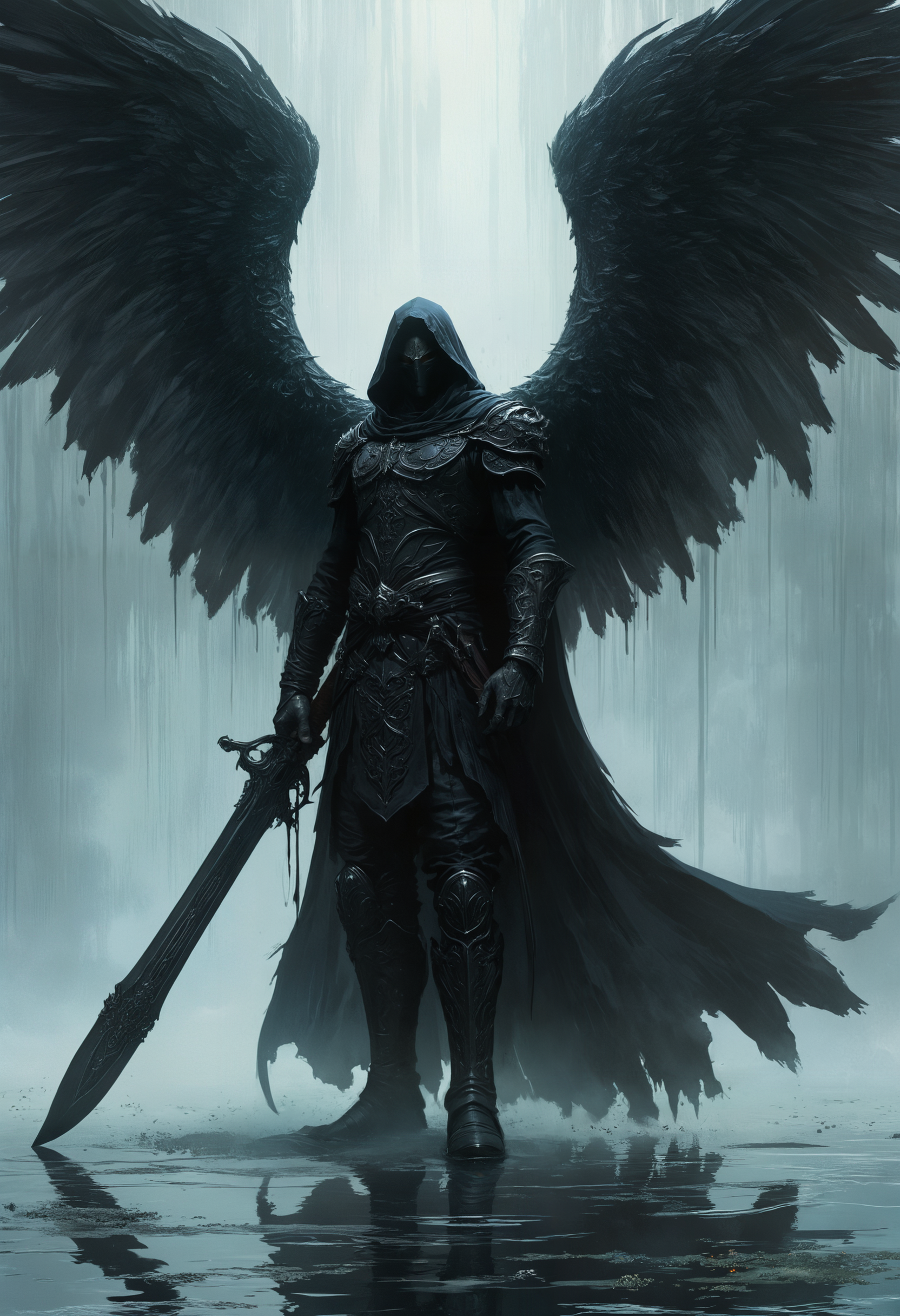 highly detailed and hyper realistic, a man with a giant sword standing in front of a body of water, gothic grunge anime style, concept art, fantasy art, expressive sketch, villain, has black angel wings, dark ornate royal robes, npc with a saint\'s halo, detailed fantasy character study, highly detailed character design, cloak, hooded, evil, glowing eyes, extremely intricate details, highly detailed and hyper realistic
<lora:- SDXL - vanta-black_contrast_V3.0:0.5> <lora:add-detail-xl:1> <lora:xl_more_art-full_v1:0.5>