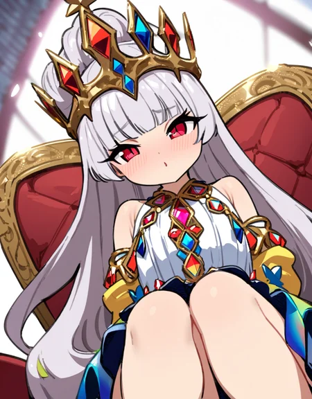 masterpiece, best quality, <lora:style578-a31-000020:1>, 1girl,
solo,red eyes,A white-haired girl wearing a rainbow-colored gown woven from jewels, with an extreme focus on detail. She wears an oversized crown inset with a large diamond on her head. The scene is captured with a wide-angle lens, with the background being the grand hall of a castle, where she sits on a luxurious throne.