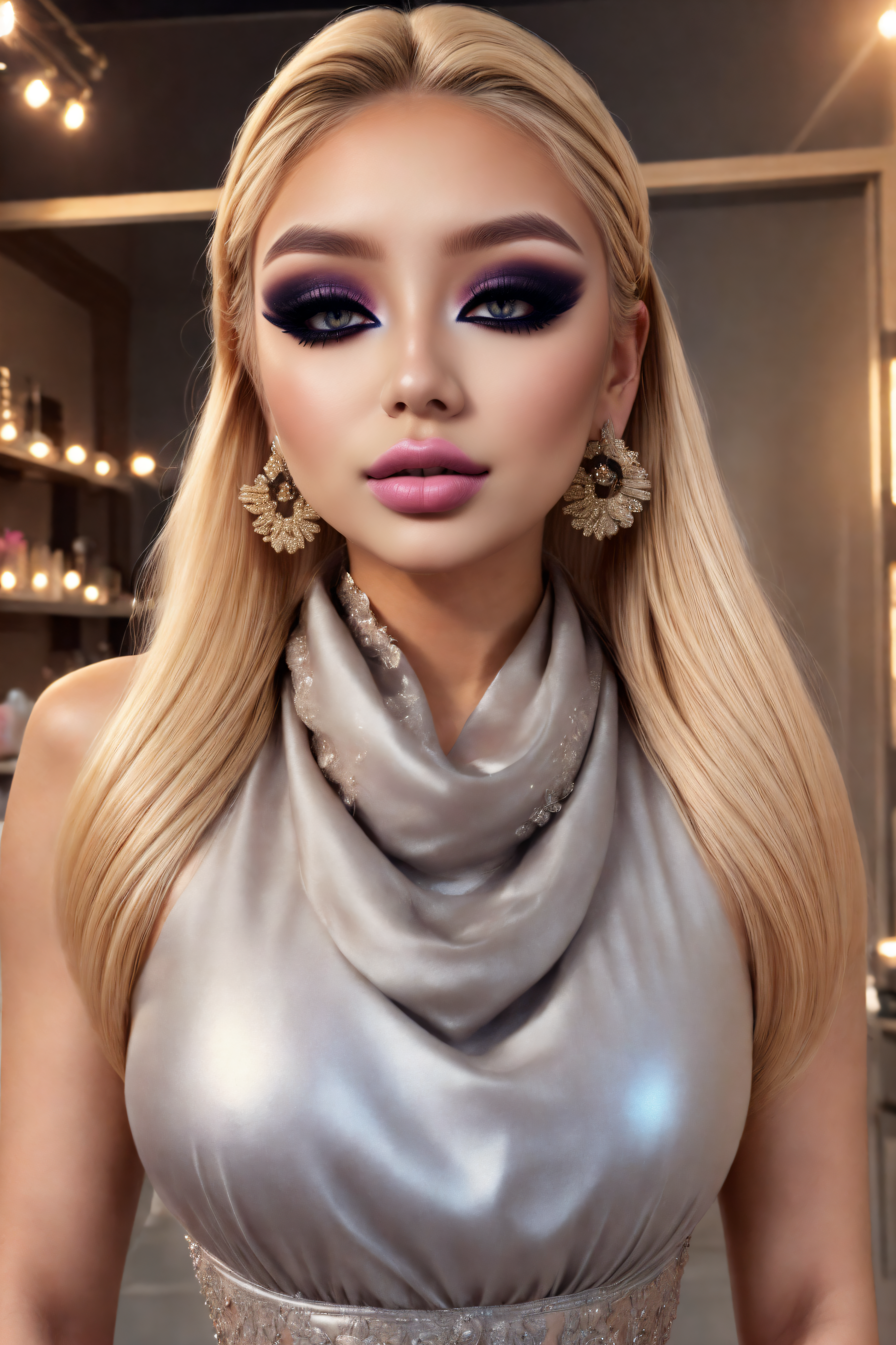 Photographing fashion items Fashion editorial style Quality: (edgQuality:1.2), (8k, best quality, RAW photo, realistic, intricate details, ultra high res, photorealistic, masterpiece, extremely detailed, cinematic light, Unreal Engine:1.4), (ultra realistic 8k cg, uhd, sharp focus, digital art:1.0), BREAK
Subject: ((Japanese woman:1.2), (bimbo, big ass, big tits, big lips:1.3), (stunning makeup, lipgloss:1.5), (Maple Sugar Blonde one side up:1.3), fFaceDetail, SkinDetail, HairDetail, EyeDetail, fHandDetail, <lora:western_bimbo_v1.0:0.5>, <lora:eyelashes_slider_v3:1>, <lora:eyeliner_v1:1>, <lora:glam style makeup:0.5>, <lora:BimboMakeup_v1:0.5>,  <lora:n15g_aio_hairstyles-1.0:0.5>, (tanned skin, detailed hair, smooth skin, oiled skin, shiny skin, young:1.4), BREAK
Outfit: See-through Pearlescent (idol dress, big earrings, silk scarf:1.5), <lora:n15g_aio_clothing-1.0:0.5>, BREAK
Place: working in a brothel, BREAK
<lora:add_detail:0.5>, <lora:more_details:0.3>, Back view From below   . High fashion, trendy, stylish, editorial, magazine style, professional, highly detailed, often for advertising, magazines, or brand promotion.