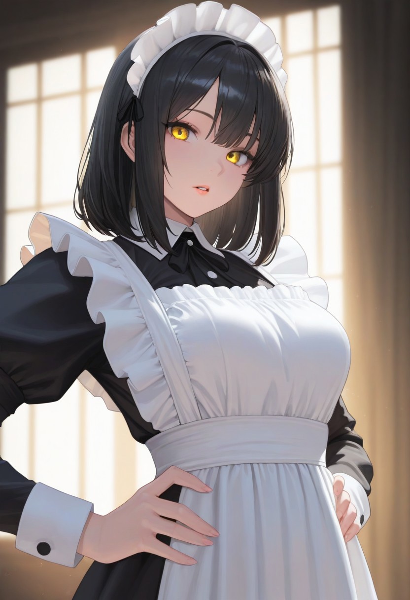1girl, maid, black hair, medium hair, masterpiece, yellow eyes, kitsune, parted lips, looking at viewer, maid outfit, indoor, hands on hips, volumetric lighting, portrait, upper body,