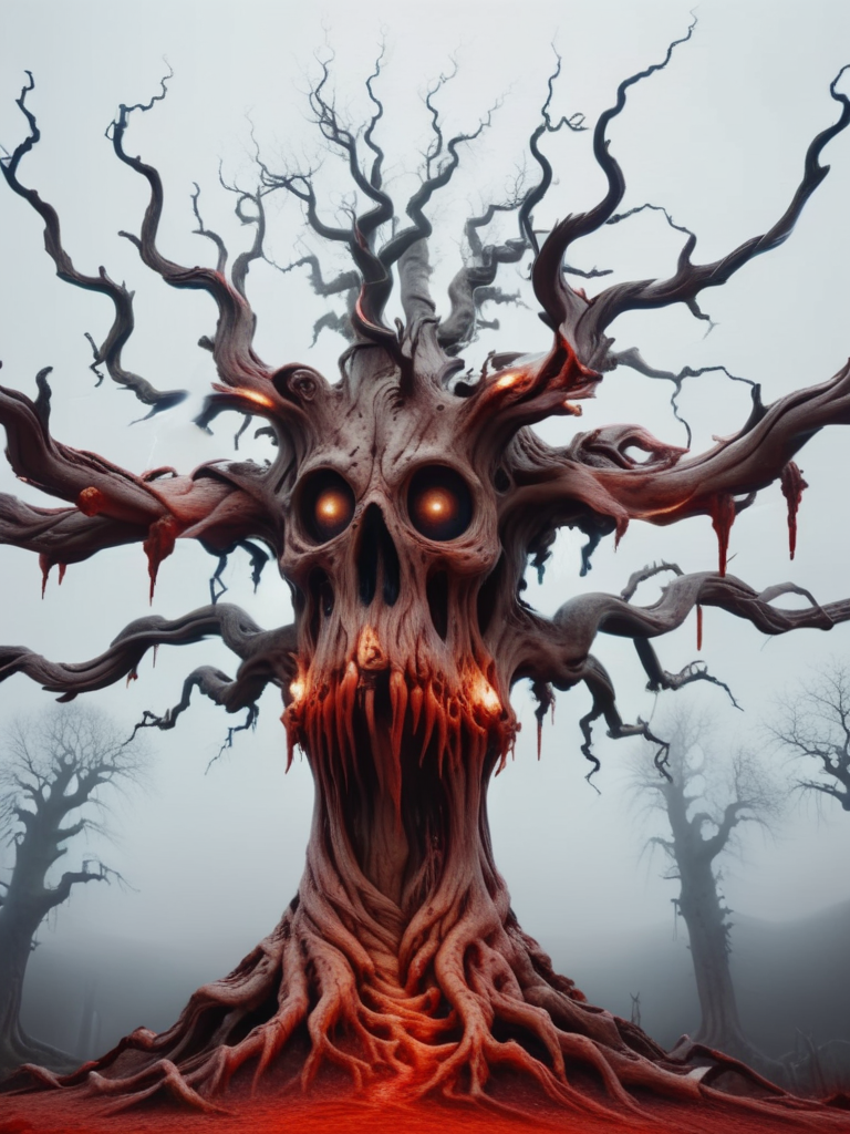 blood, horrific scene, huge horror tree made out of bones, tree made out of skeletons, swampy moor background with fog, skeleton trees in the background, red, orange, white, black, at night, glowing from behind, foggy, fog, zkeleton <lora:zkeleton:1>