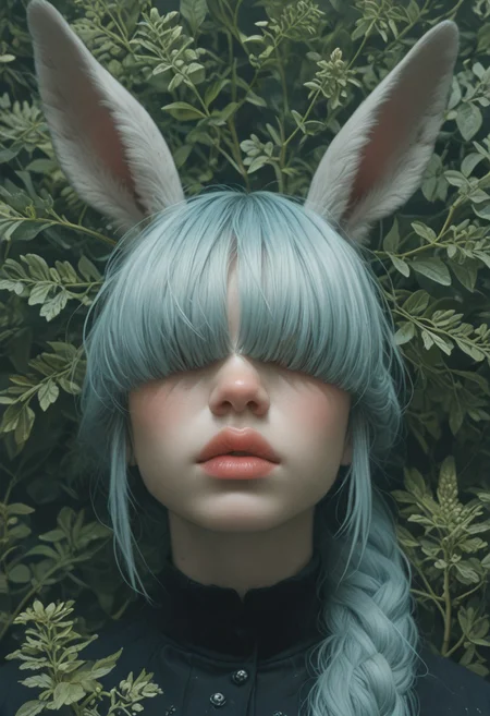 (Score_9:1.1), score_8_up, score_7_up,
(limited lighting, high contrast, highres, closed_mouth:1.4, absurdres),(lean forward:0.3)
Fl0ralD0lls 
solo, bunny ears, human woman, curious, (ferns:1.3), realistic, focus on face, hime cut, pacific blue hair, (hair over eyes:1.5),((hair in very long single braid)), big lips, full lips, glossy lips, matte skin, matte colours