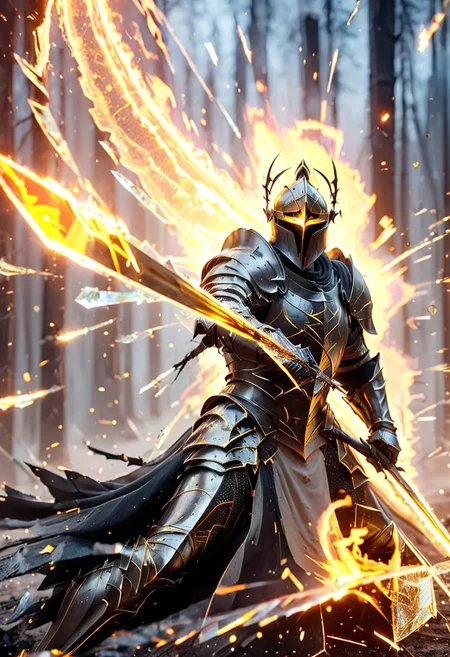1man, armored golden knight, Incoming sword, broken glass, reflection, glowing fire slash, shatter, holding sword, glowing sword, motion blur, emphasis line, outdoor in the darkness, looking at viewer,