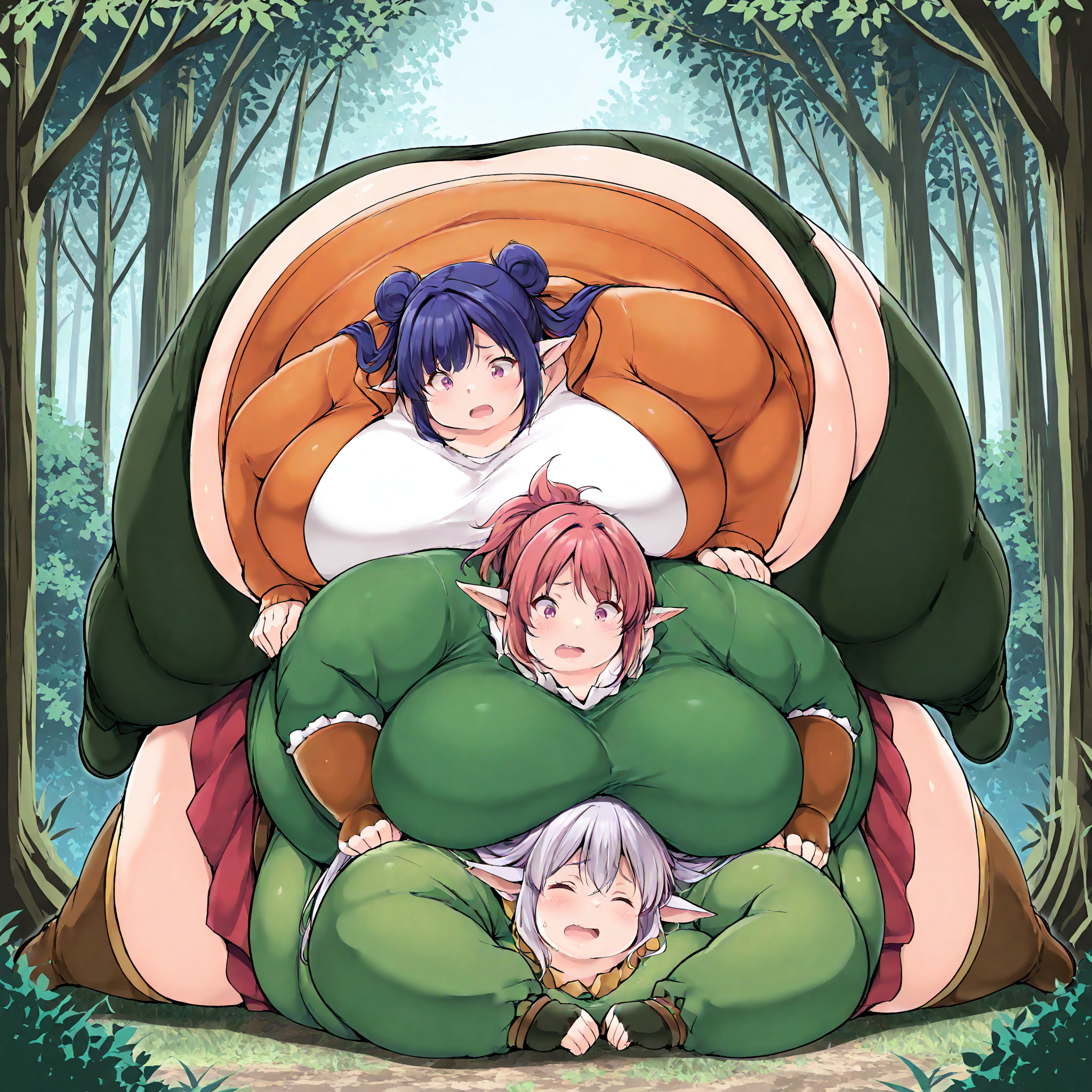 (masterpiece), best quality, (highly detailed), 3females, <lora:Niku_tower_Illustrious:0.8> , niku, fat, forest, elves,