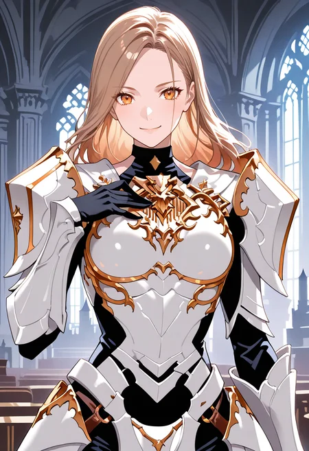 masterpiece, best quality, newest, absurdres, highres ,<lora:KisaraTalesIllustrious:1> , KISATAR, blonde hair, brown hair, long hair, orange eyes, armor, pauldrons, breastplate, black bodysuit, black gloves, crotch plate, hip armor, upper body, close up, smile, 1 girl, solo, looking at viewer, white castle, 1girl, solo, indoors, castle interior, hand on own chest, black gloves,