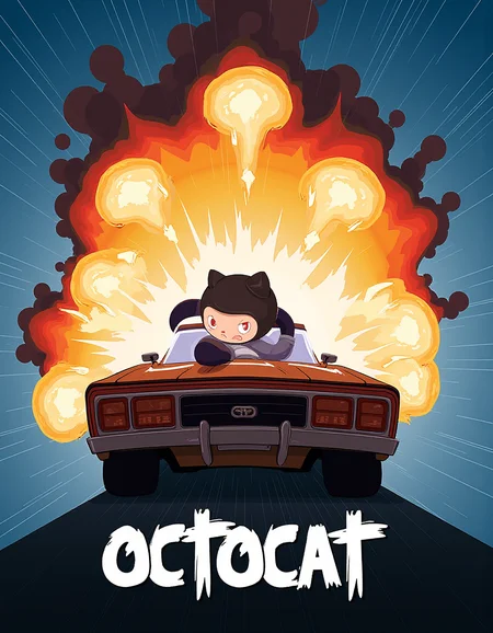 Octocat on a poster for the upcoming octocat movie. The text reads: "Octocat". The poster features an illustration of Octocat sliding across the hood of a car with an explosion behind it.<lora:General Flux\octocat.safetensors:0.9500000000000001:1.0>