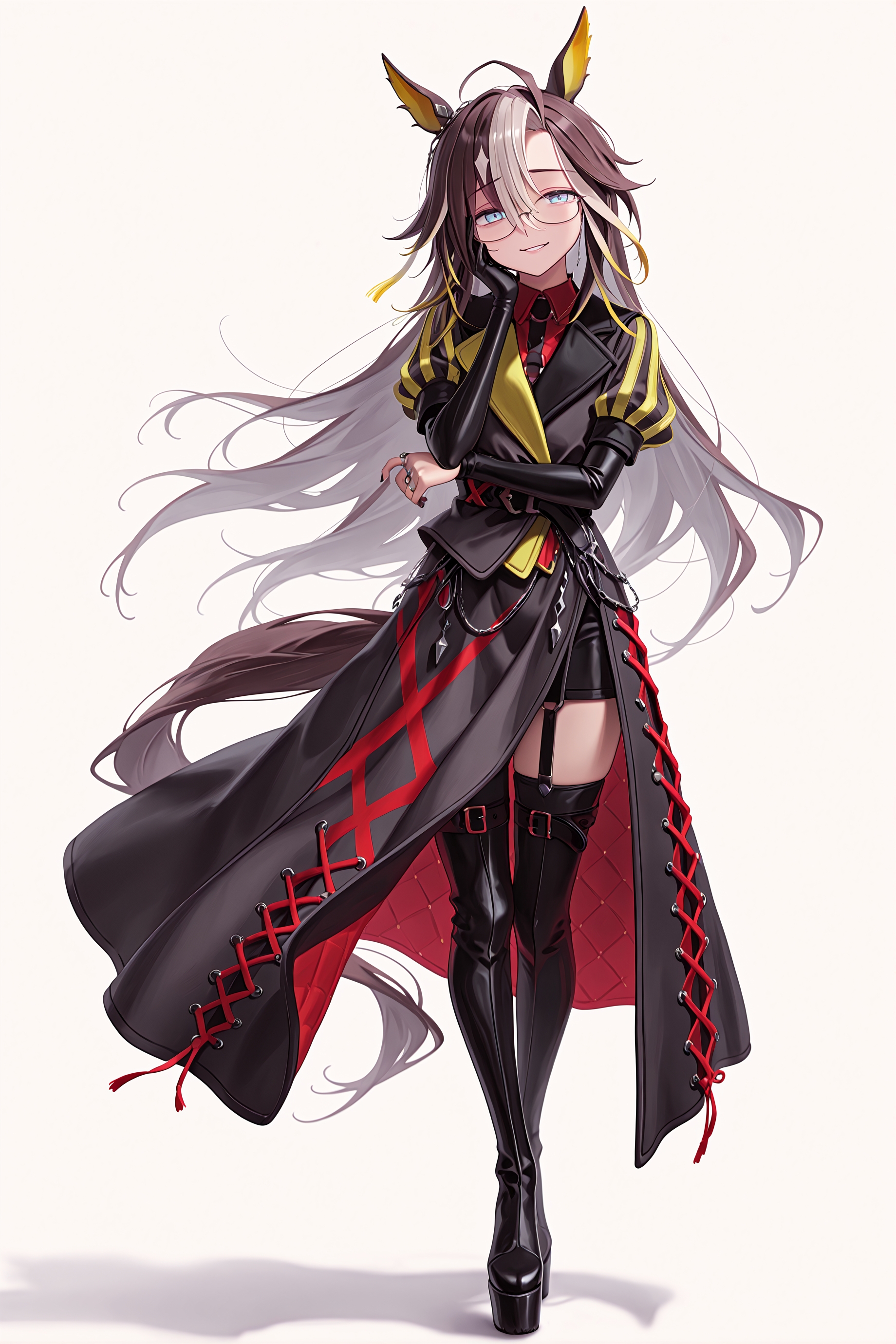 1girl, solo, dream journey \(umamusume\), horse girl, horse tail, umamusume, glasses, 
long sleeves, coat, collared shirt, puffy short sleeves, elbow gloves, single glove, sailor collar, red shirt, belt, black jacket, ring, jewelry, black skirt, black footwear, thigh boots, platform boots, 
smirk, raised inner eyebrows, 
standing, legs together, hand on own cheek, adjusting eyewear, wind lift, 
white background, 
full body, looking at viewer, <lora:dreamjourneyillv3:0.9>, 
masterpiece, best quality, amazing quality, very aesthetic, absurdres, highres, newest, <lora:xl_saturation_slider:0.1>, <lora:add-detail-xl:1>, <lora:illustriousXLv01_stabilizer_v1.164:0.4>, <lora:reduce_wrinkles_illstriouosv0.1_ADDifT_2_in_1_v1.2:0.9>,