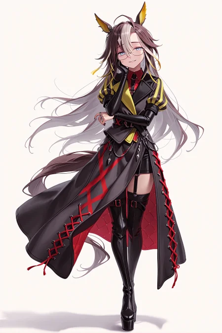1girl, solo, dream journey \(umamusume\), horse girl, horse tail, umamusume, glasses,
long sleeves, coat, collared shirt, puffy short sleeves, elbow gloves, single glove, sailor collar, red shirt, belt, black jacket, ring, jewelry, black skirt, black footwear, thigh boots, platform boots,
smirk, raised inner eyebrows,
standing, legs together, hand on own cheek, adjusting eyewear, wind lift,
white background,
full body, looking at viewer, <lora:dreamjourneyillv3:0.9>,
masterpiece, best quality, amazing quality, very aesthetic, absurdres, highres, newest, <lora:xl_saturation_slider:0.1>, <lora:add-detail-xl:1>, <lora:illustriousXLv01_stabilizer_v1.164:0.4>, <lora:reduce_wrinkles_illstriouosv0.1_ADDifT_2_in_1_v1.2:0.9>,