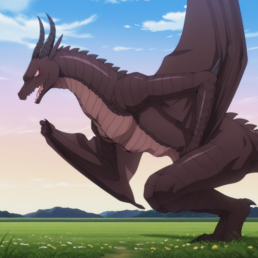 masterpiece, best quality, amazing quality, varneydrgnil, semi-anthro, male, wyvern, black scales, red eyes, pink sclera, winged arms, horns, in a field, from side, open mouth