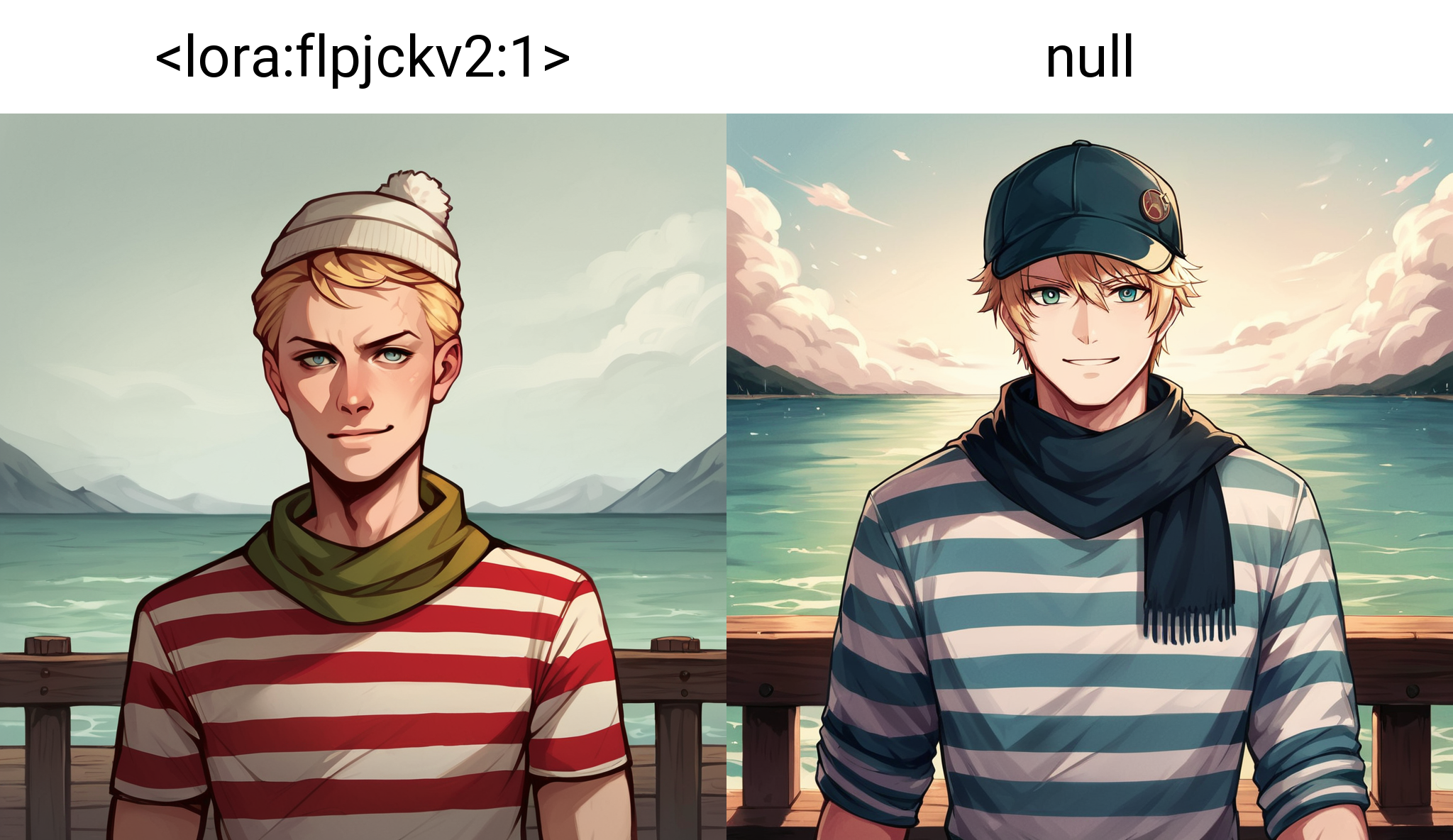 score_9, score_8_up, score_7_up, score_6_up, score_5_up, score_4_up,  FLPJCK, pier, upper body, cloudy, 1boy, blonde hair, (striped shirt:1.2), scarf, hat, serious, smile <lora:flpjckv2:1>