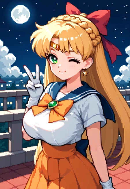 texture score_9, score_8_up, score_7_up, source_anime, pixel art, outdoor, night, rooftop, moon, stars, 1girl, solo, fomceline, blonde hair, green eyes, crown braid, straight hair, very long hair, ribbon bangs, large breast, narrow waist, wide hip, curvy, orange skirt, sailor senshi uniform, red hair bow, v sign, smile, closed mouth, one eye closed, upper body, view from above top down close-up, <lora:Pony\char\FOM Celine - v2.safetensors:0.8:0.8> <lora:Pony\style\oppai_v0.1-pony.safetensors:0.5:0.5> <lora:Pony\cloth\sailor_senshi_uniform-PD-1.0.safetensors:0.8:0.8>
