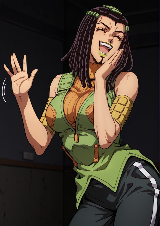 (jojo:0.4), 3rme5, 1girl, ermes costello, dreadlocks, green lipstick, happy expression, laughing, sleeveless, orange turtleneck sweater, green jacket, black sports trackpants, upper body, \(jojo\), <lora:Jojos_Bizarre_Adventure_Ermes_Costello_-_IL:0.7>, dark prison room, waving