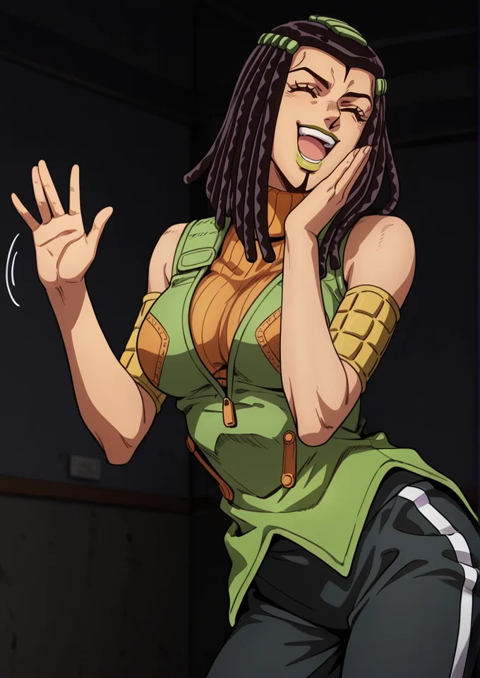 (jojo:0.4), 3rme5, 1girl, ermes costello, dreadlocks, green lipstick, happy expression, laughing, sleeveless, orange turtleneck sweater, green jacket, black sports trackpants, upper body, \(jojo\), <lora:Jojos_Bizarre_Adventure_Ermes_Costello_-_IL:0.7>, dark prison room, waving