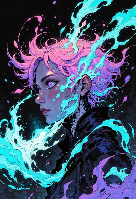 (in Otomo Katsuhiro style:1.2), masterpiece, high-quality, A futuristic calligrapher suspended in midair, ink flowing from her hands to form glowing symbols that shape-shift around her, Her attire resembles flowing neon-infused calligraphy strokes, her gaze is intensely focused as each character takes on a life of its own pulsing with a mystical energy, living ink, neon calligraphy, suspended energy, Stylized anime with luminous ink effects and surreal composition, (elaborate fine details:1.1), (hyperdetailed:1.1), (intricate details:1.0), (Refined details:1.1), (best quality:1.1), (high resolution:1.2), <lora:FLUX\Anime v1.3:0.6> <lora:FLUX\VividlyReal:0.6> <lora:FLUX\FLUX-daubrez-DB4RZ:0.4>