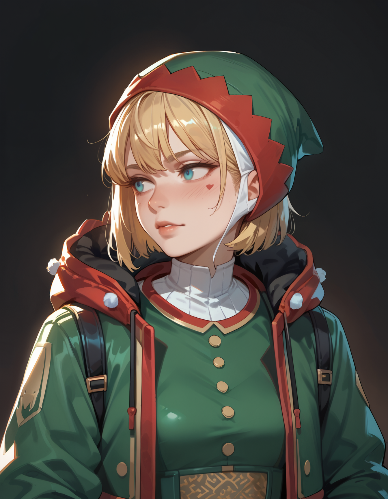 (embedding:Pony_PDXL_Negative_Embeddings\zPDXL2),dark background,(upper body:1.2),(portrait:1.2),(looking_to_the_side:0.9),(from side:0.35),pdrshk,1girl,solo,blue eyes,blonde hair,short hair,headwear,hat,green hat,(red hat:0.6),hood,(white gloves:0.5),jacket,green jacket,bodysuit,green bodysuit                                 <lora:MyTrainings\Temp\Wattson_Shocking_Stuffer_XL_Pony_ARZUMATA.safetensors:0.7>