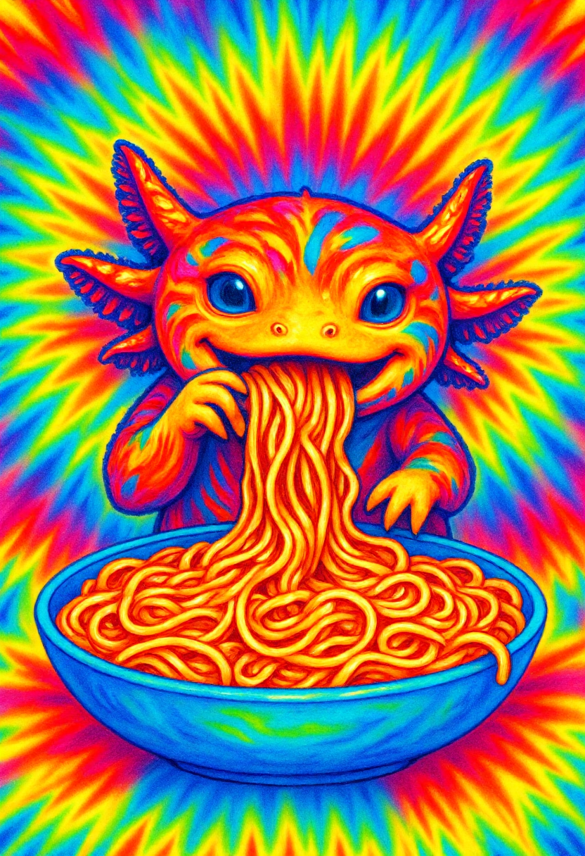 <lora:Tie_Dye_Style_FLUX-000015:0.9> <lora:axomodelv2:0.8>
This is a vibrant, psychedelic digital drawing of a happy axolotl eating spaghetti in a swirling pattern reminiscent of tie-dye artwork.