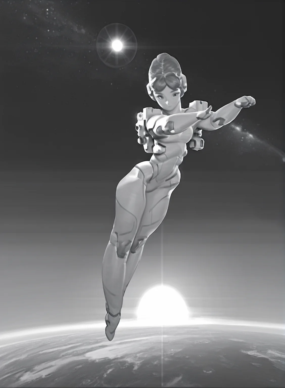 1girl, dynamic pose, sexy pose, science fiction, space, spaceship, sun, earth, floating, alert, danger, beautifull lights, <lora:Nurzhan_Bekkaliyev_Grey_Style:1> nurzhan bekkaliyev, sketch, monochrome, greyscale, masterpiece, best quality, amazing quality, very detailed