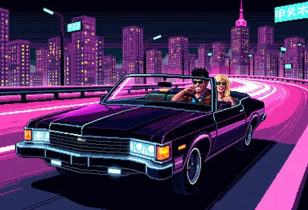 pixelart,retro style,masterpiece,((cool man wearing a leather jacket is driving a convertible shiny black car)),relaxing,he is wearing sunglasses and smiling confidently,smirk,black hair mullet,on the back seat is sitting a blonde beautiful woman wearing elegant clothes and green eyes,happy smile, neon highway,retro city in the background with tall buildings,joy moment,light poles,driving at high speed,movement lines,wind blowing,after image lights,(view from front of car),view from side,view from far