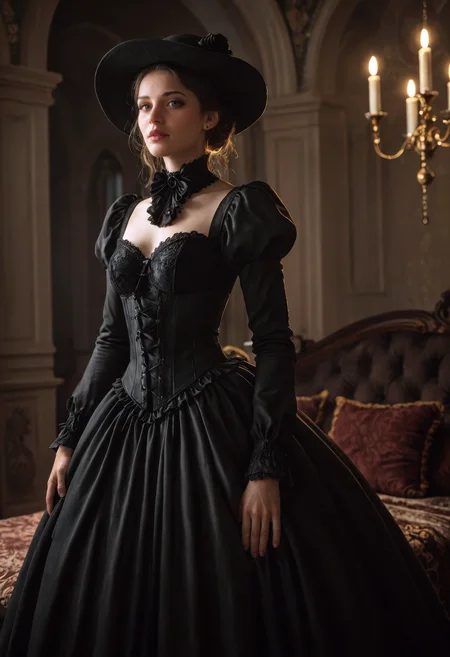 score_9, score_8_up, score_7_up, masterpiece, best quality, ultra-detailed, realistic, 1girl, gothic, victorian fashion, wide-brimmed black hat, long flowing dress, victorian dress, lace details, tight corset, pale skin, all black outfit, elegant pose, calm expression, haunting gaze, standing, side view, victorian mansion, dim lighting, dark atmosphere, high contrast, cinematic lighting, medium shot, detailed face, fabric detail, gothic elegance, eerie mood
