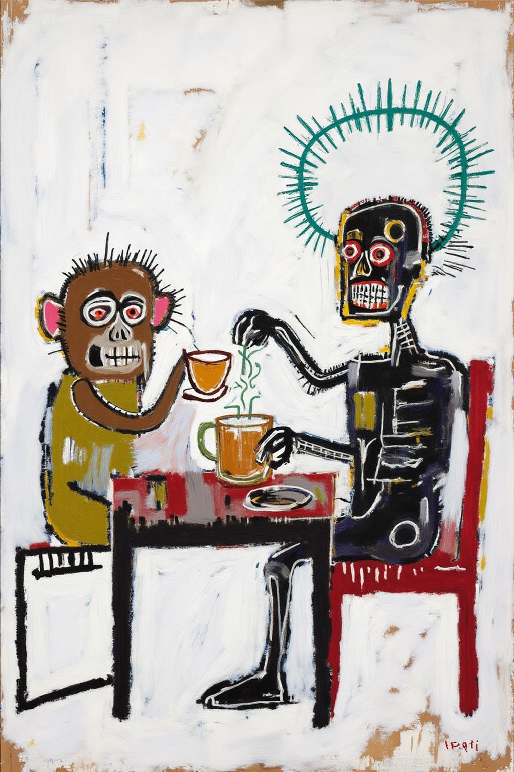 basquiat1 painting.
basquiat1 painting of a small monkey and a robot wearing skull mask, sitting at a table drinking tea
 <lora:basquiat1_cap_d6a3e11:1.0><lora:835163756859369296:0>