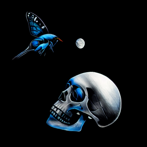 still life, MOON SKULL, bird, blue butterfly