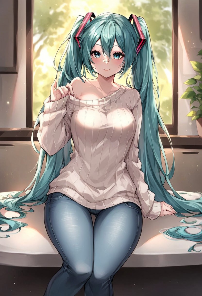score_9, score_8_up, score_7_up, source_furry, solo, beautiful Hatsune Miku, (medium breasts, medium hips), oversized sweater, jeans, bandaid over nose, sitting on a table, in a kitchen, (detailed image, high resolution, 5k resolution:1.0), VikingStyle, easynegative, negative_hand