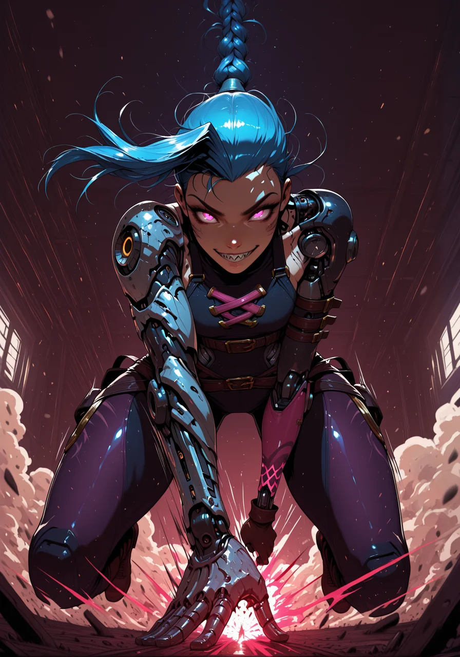masterpiece, best quality, amazing quality, very aesthetic, absurdres, newest, cybernetic, cyborg, low_angle, side_profile, dynamic_pose, action_scene, intense_motion, dramatic_perspective, chaotic_energy, mischievous_laugh, sharp_teeth, wide_grin, glowing_eyes, motion_blur, exaggerated_perspective, impact_sparks, dust_clouds, debris_in_air, slashing_motion, high_speed_movement, cinematic_lighting, indoors_at_night, moody_shadows, dark_background, atmospheric_depth, jinx_\(league of legends\)<lora:cybernetic_ill.safetensors:1.0:1.0>