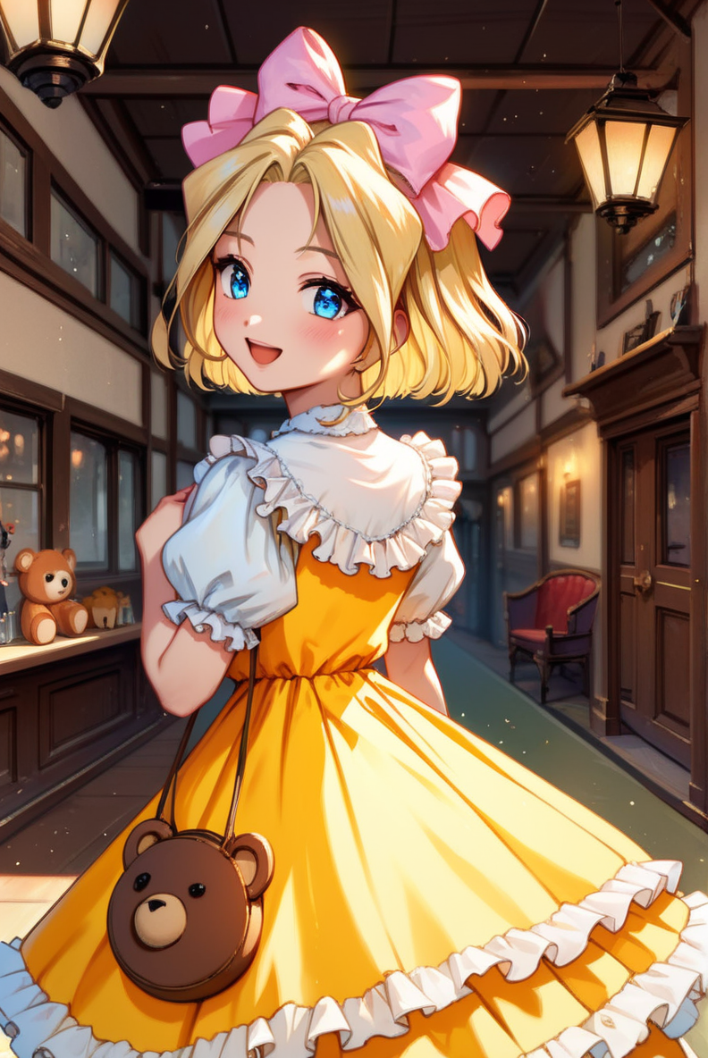 score_9, score_8_up, score_7_up, very aesthetic, source_anime, detailed, high quality, beautiful, masterpiece, detailed eyes,
village, blurry background,
<lora:lightXL:0.8>
cowboy shot, from behind, upper body,
looking back, smile, open mouth, blush,
stuffed toy handbag,
 <lora:iris_autismConfetti_v01:0.95>flat chest,
irisBase, blonde hair, blue eyes, hair bow, pink bow, short hair, parted bangs,
yellow dress, frills, white puffy sleeves, short sleeves,  layered dress, lace  white socks, orange footwear,, zPDXL