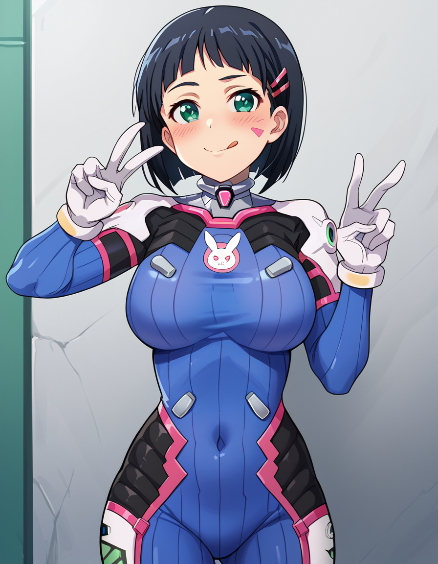 score_9, score_8_up, score_7_up, source_anime, suguhakirigaya, <lora:suguha-kirigaya-s1-ponyxl-lora-nochekaiser:1>, suguha kirigaya, short hair, black hair, hair ornament, hairclip, green eyes, large breasts,, <lora:overwatch-dva-cosplay-ponyxl-lora-nochekaiser:1>, overwatch dva cosplay, d.va (overwatch) (cosplay), bodysuit, cosplay, covered navel, skin tight, vertical-striped bodysuit, streets, smile, blush, v, v over eye, tongue out, cowboy shot, looking at viewer