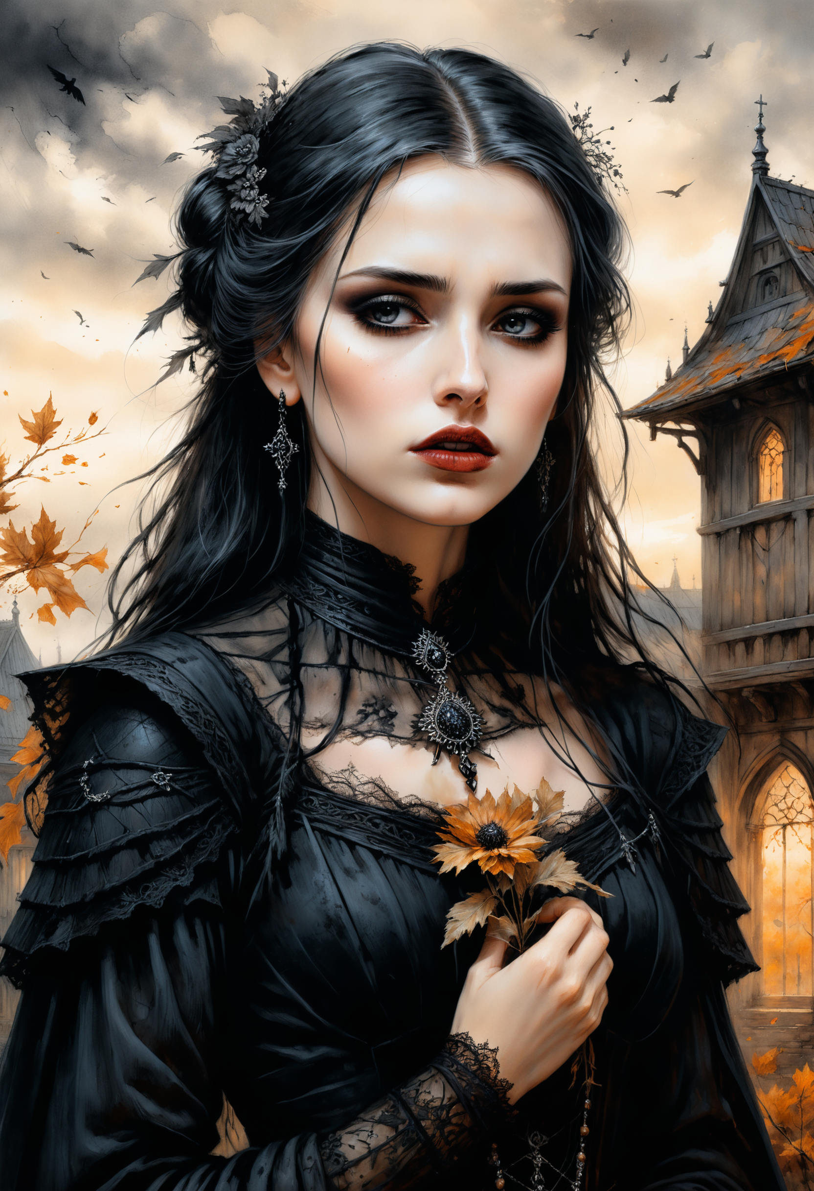 An illustration drawing in the dark fantasy (witcher) comics-style art by (Luis Royo: 1.2), depicting a (single) (1girl:1.2) young, innocent looking medieval Slavic noble (widow) woman. She is grieving in a couryard of a old eerie looking wooden orthodox mansion during autumn dusk, crows circling in the sky Her skin is pale, she has short black hair bun, she wears mourning widow tunic holding (bouquet of dried flowers) and delicate lace widow's veil with black eyeshadow and black lipstick. <lora:add-detail-xl:0.8>  <lora:xl_more_art-full_v1:0.8>