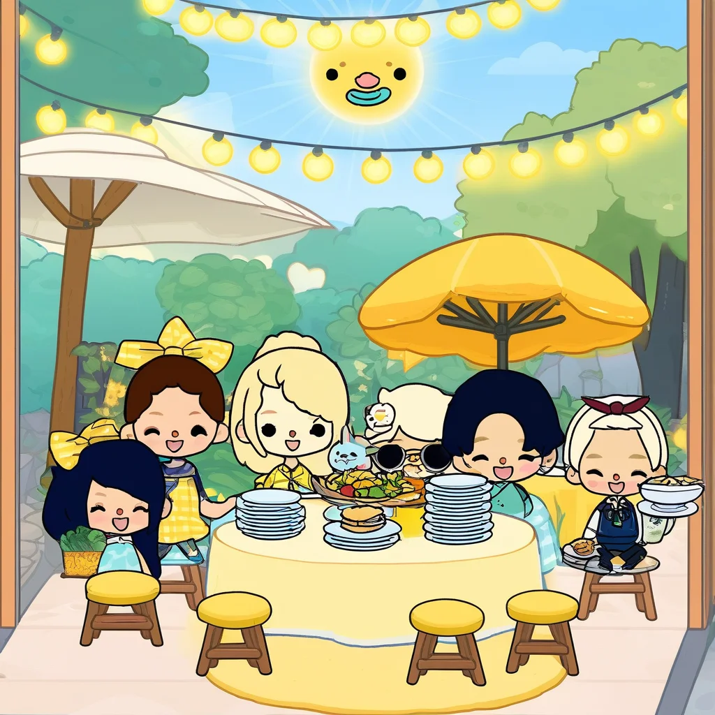 TThe image shows a group of six cartoon characters sitting around a table in a garden. The table is covered with a yellow tablecloth and is set with plates, cups, saucers, and other food items. There are six characters sitting on stools around the table, each with a different hairstyle and outfit. The characters are smiling and appear to be enjoying their meal.
In the background, there are trees and plants, and a house can be seen in the distance. The sky is blue and there are string lights hanging from the trees, creating a warm and inviting atmosphere. The overall mood of the image is cheerful and playful.
highly detailed, full of details, masterpice, scenary, healing color tone