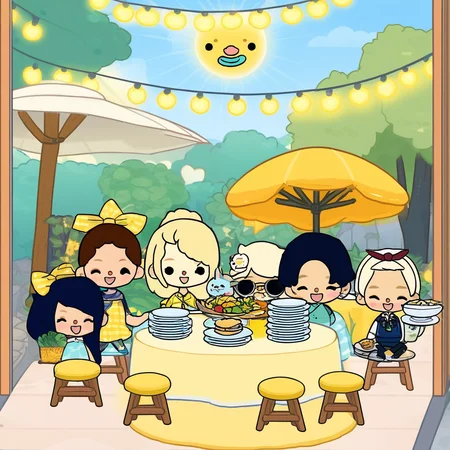 TThe image shows a group of six cartoon characters sitting around a table in a garden. The table is covered with a yellow tablecloth and is set with plates, cups, saucers, and other food items. There are six characters sitting on stools around the table, each with a different hairstyle and outfit. The characters are smiling and appear to be enjoying their meal.
In the background, there are trees and plants, and a house can be seen in the distance. The sky is blue and there are string lights hanging from the trees, creating a warm and inviting atmosphere. The overall mood of the image is cheerful and playful.
highly detailed, full of details, masterpice, scenary, healing color tone