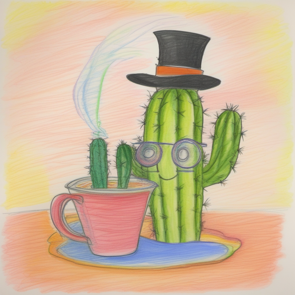 A cactus in a pot, wearing a top hat and monocle, sipping tea <lora:crayons_v1_sdxl:1>