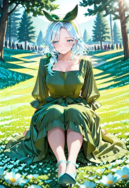 mature girl, white hair, light blue hair tips, blue eyes, sitting in the park, on a flower meadow, ((wearing a green summerdress, green hairbow, light-blue heels)), surrounded by soft sunlight, single tree behind her, rating_explicit, detailed character design, vibrant colors, IL_lazypos, masterpiece, best quality, detailed face, detailed eyes, 4k, 8k, very aesthetic, absurdres,