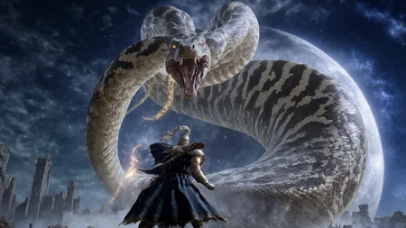 ((close view)) of a man fighting  gigantic ethereal snake made of magical stars,
wearing well worn armor,
starry sky,full moon,
tornado, maelstrom,
ruins,
dynamic,
magic, magical spell, fireball,
(eerie lighting,promotional poster),
 <lora:w3ers:1>w3ers,