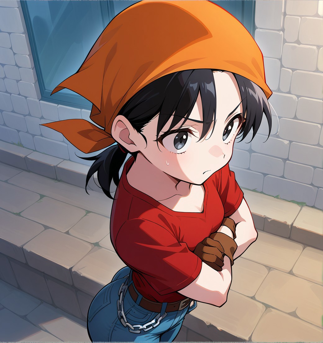 (<The-killer-wc_artist>) short black hair, black eyes, orange bandana, red shirt, gloves,tight jean pants, belt, chain, hands on hips, small_breasts, smal ass, side view, arms crossed,