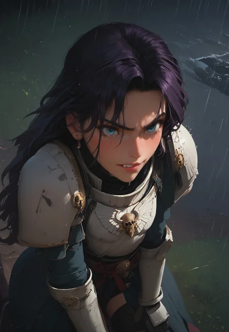 1girl, solo, 24 year old woman, large build, kneeling:1.4, beautiful, long hair, dark purple hair, freckles:1.4, face uplifted:1.6, looking up, looking at the sky, earrings, fierce grin:1.5, crying:1.5, teeth clenched:1.4, angry smile:1.5, wide hips, knight armor:1.5, heavy armor, gauntlets, greaves, bright blue eyes, arms at her sides, rain falling on her face:1.5, tan skin, on knees, tears on chin, tears on cheeks,
dusk, after battle, muddy field, some grass, fallen soldiers around her:1.4, storming, dark gray sky, dark sky:1.4, streaming banners, battlefield, intense rain:1.3, dreary, raining, overcast, mountains and hills in the background,
score_9, score_8_up, score_8, masterpiece, best quality, official art, extremely detailed, CG unity 8k wallpaper, absurdres, high definition, photorealism:1.5, detailed shading, high contrast, ambient occlusion, vivid colors:1.5, saturated colors:1.6,
downward angle:1.3, cowboy shot, cinematic, from above:1.3,
expressiveh, whites40k, tears,